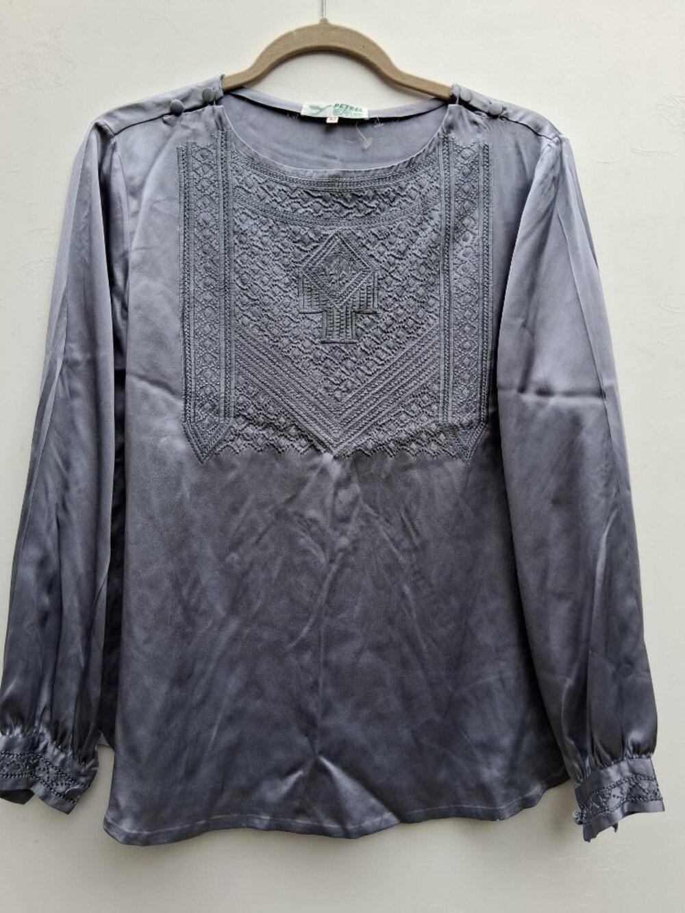Vintage Petrel hand embroidered silk top, deep blue/gray (women size M)